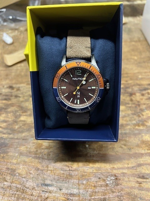 *NEW & REDUCED*  Nautica Accra Beach Mens Watch Bronze Dial, blue/orange bezel