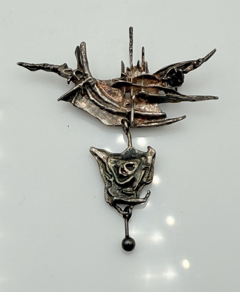 JUHLS Norway Vintage Sterling Silver Modernist Skeleton Fish Dangle Pin JUHLS Norway Vintage Sterling Silver Modernist Skeleton Fish Dangle Pin