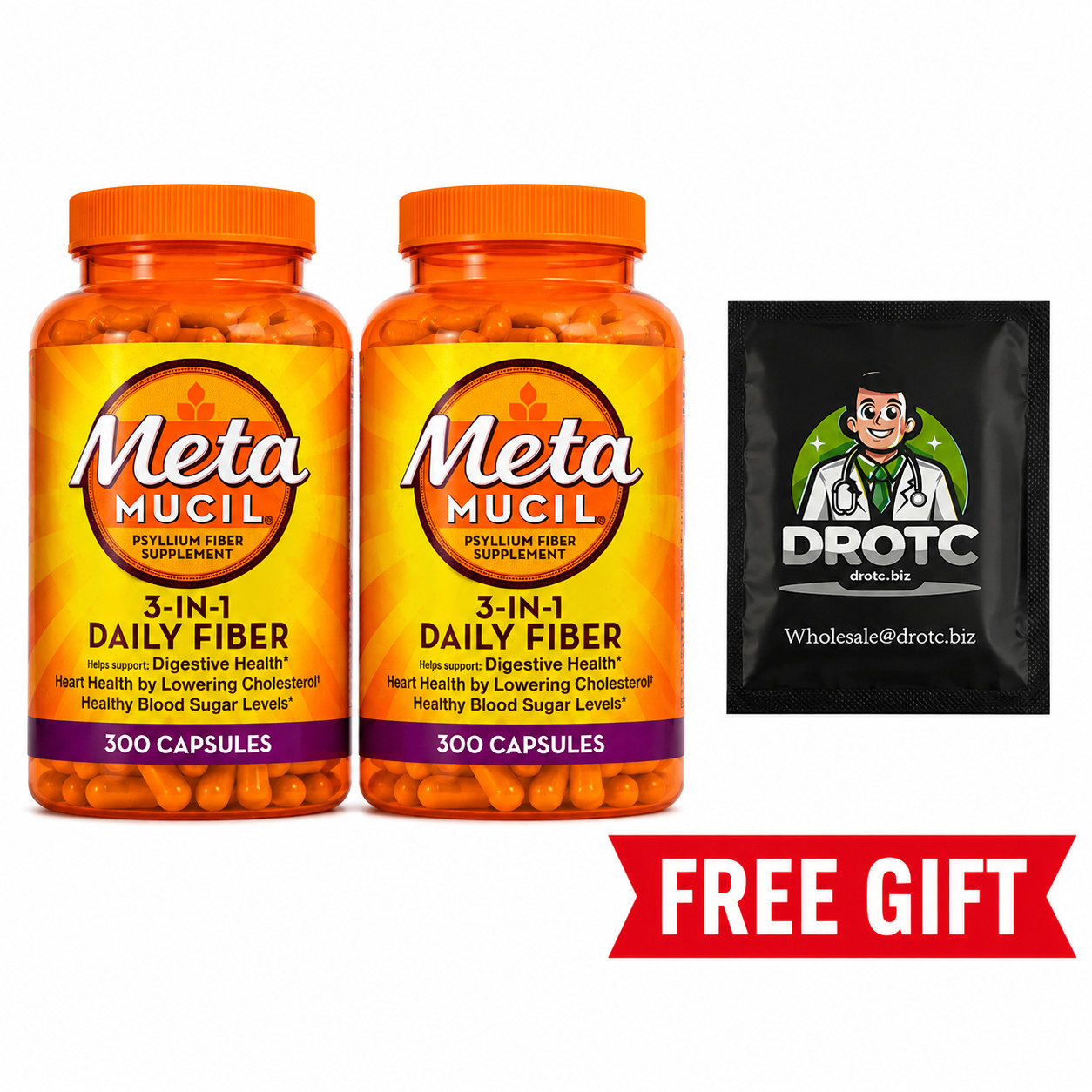 2-Pack Metamucil Psyllium Fiber 300 Ct Capsules + Free Eye Wipe - Exp 2028
