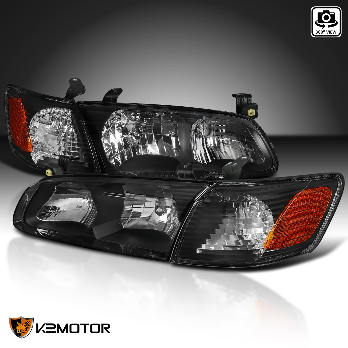 Fits 2000-2001 Toyota Camry Black Headlights+Corner Lamps Left+Right 00-01