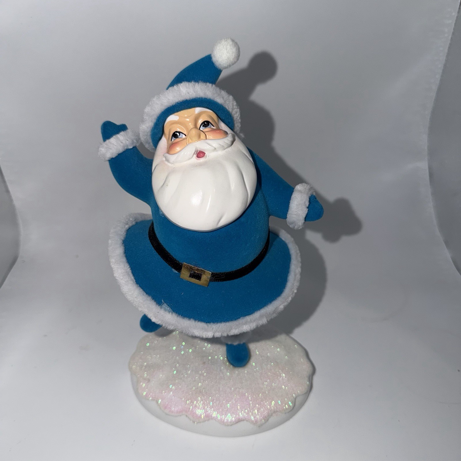 Retro Style Holiday Time Flocked Felt Santa Christmas Figure Blue & White 8.5