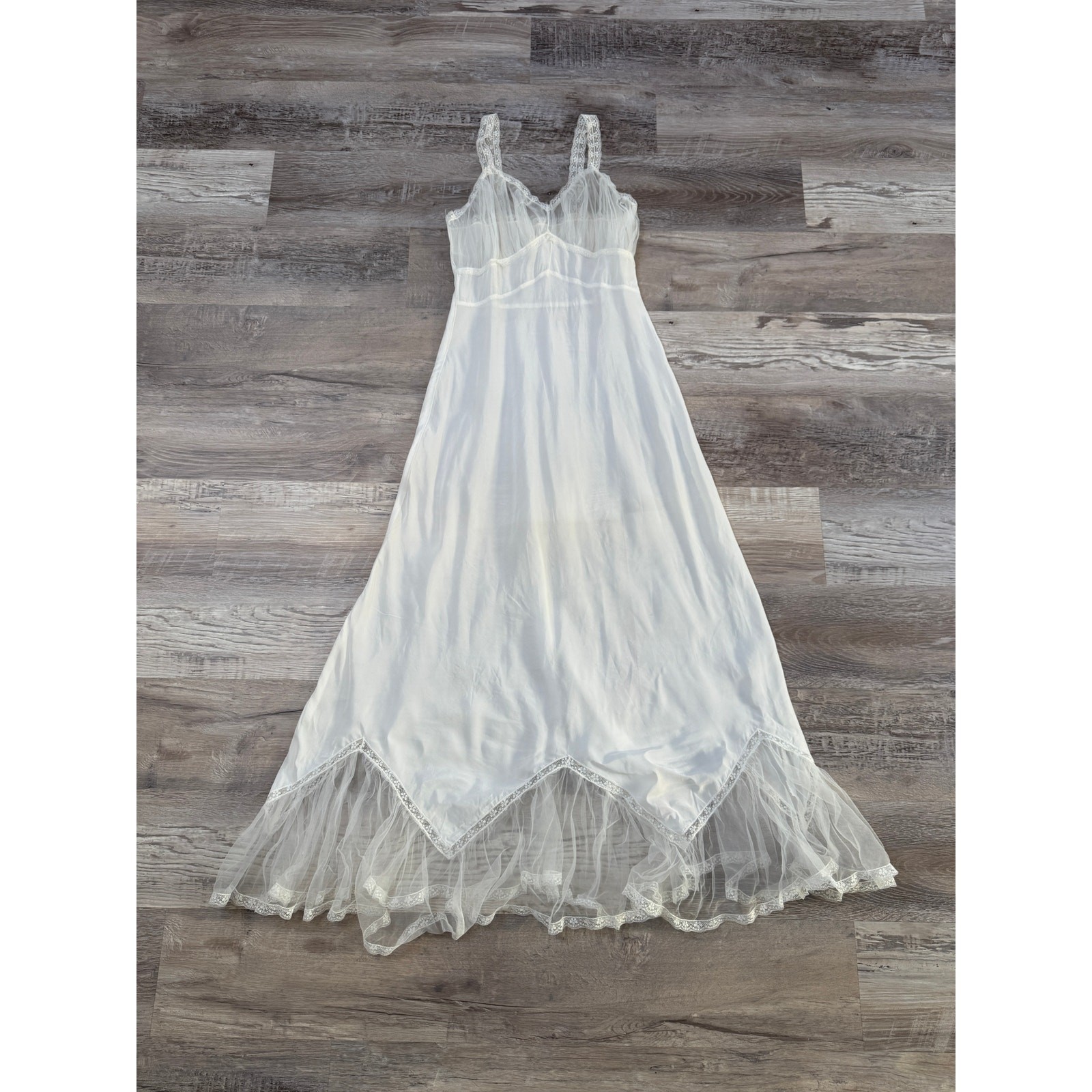 Vintage 50s White Satin Nightgown Sheer Tulle Ruffle Bridal Boudoir Coquette S