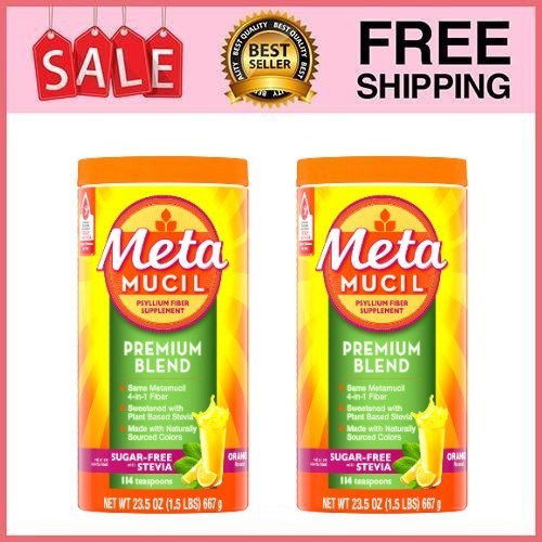 2 Pack Metamucil Premium Blend Fiber, Sugar-Free with Stevia, Orange, 114tsp
