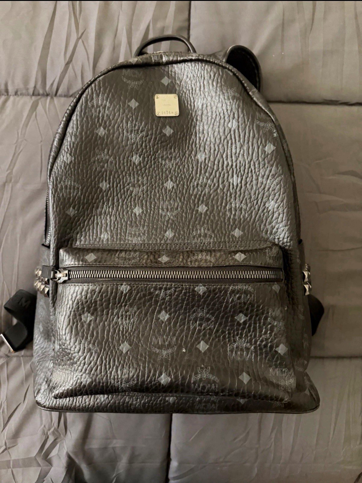 MCM Stark Visetos Logo Black Medium Backpack Zip Stud Detail w/ Pockets