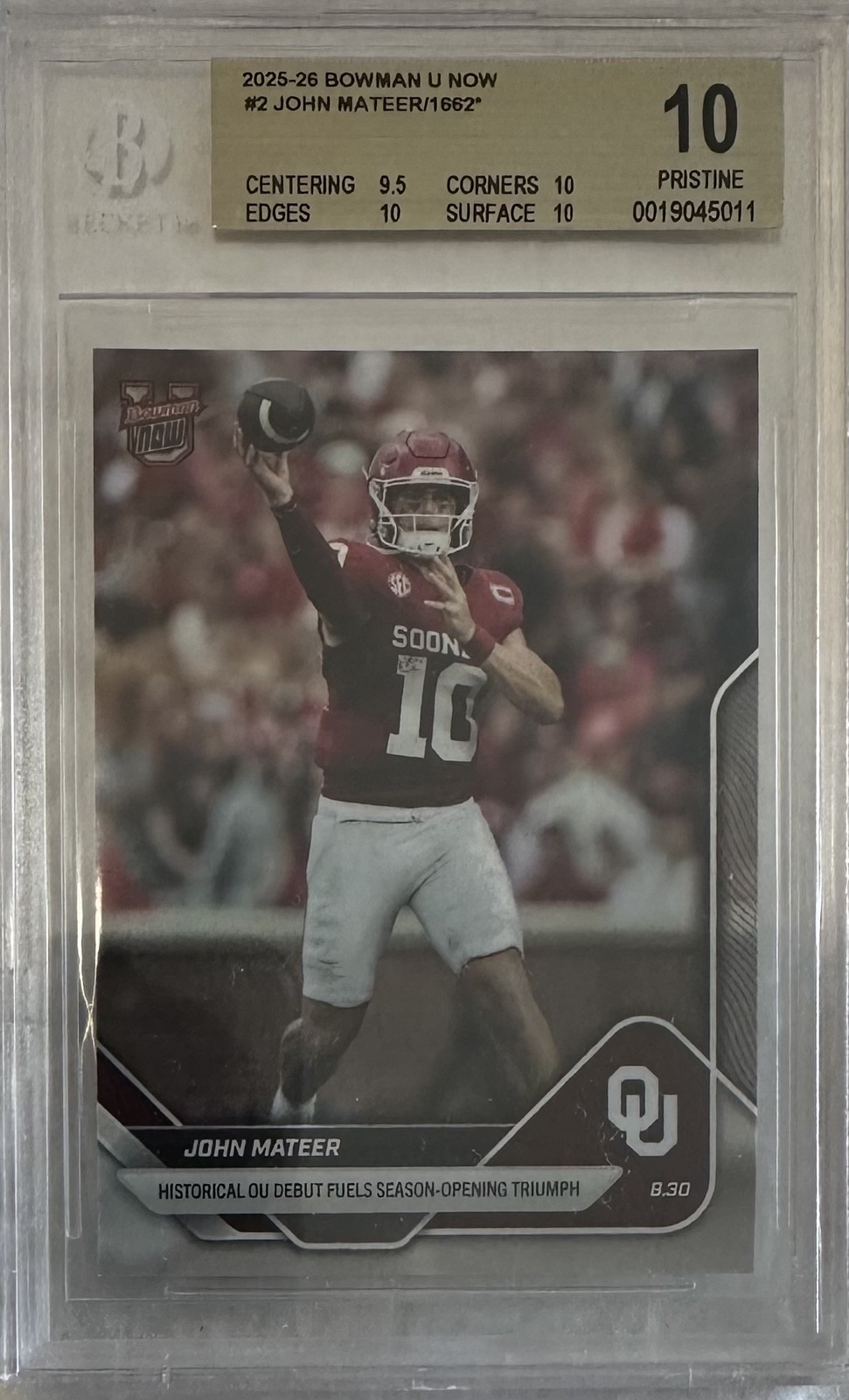 BGS 10 John Mateer PRISTINE 2025-26 Bowman U Now #2 /1662 (RC) Historical Debut