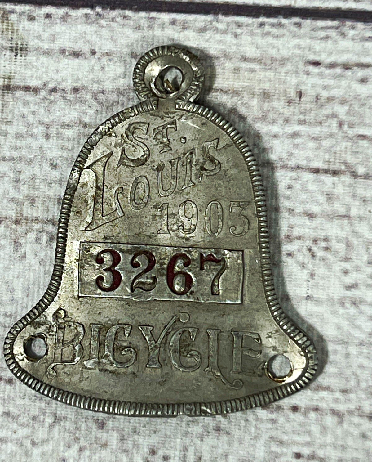 Rare Antique 1903 St Louis Missouri Bicycle License Tag Plate Bell Shaped Old
