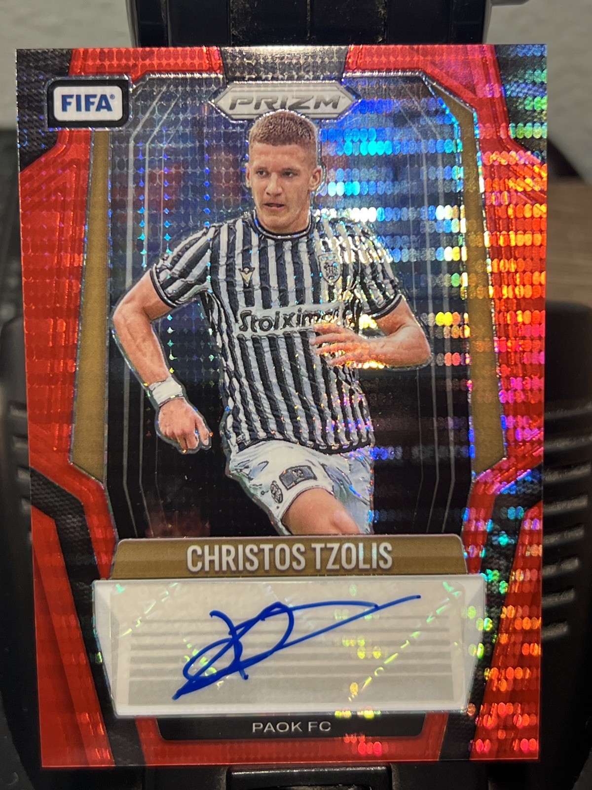 2025-26 Panini Prizm FIFA  Red Pulsar Christos Tzolis Auto S-CTZ PAOK