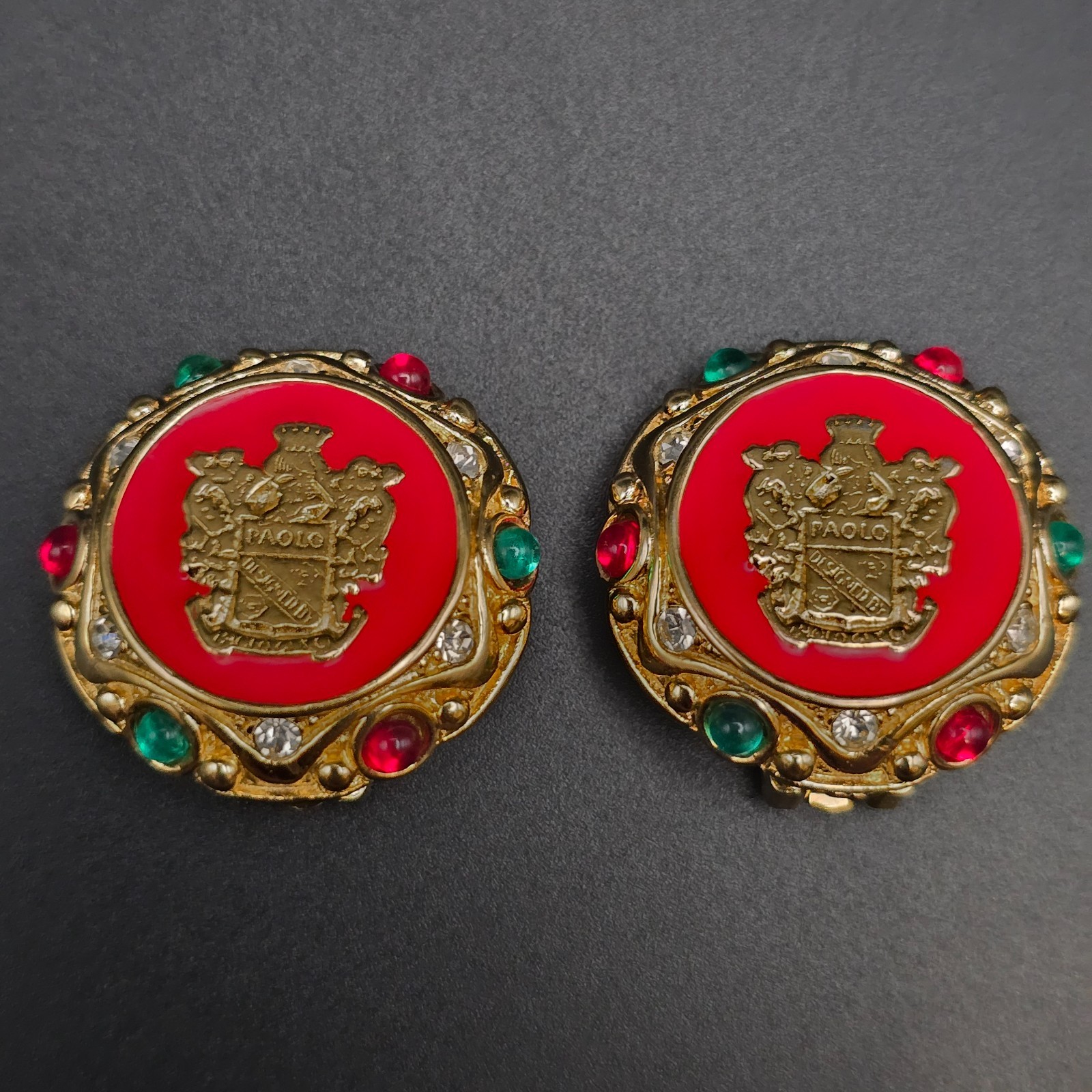 Vintage Paolo Gucci Red Enamel Coat of Arms Shield Clip On Earrings Rhinestone Vintage Paolo Gucci Red Enamel Coat of Arms Shield Clip On Earrings Rhinestone