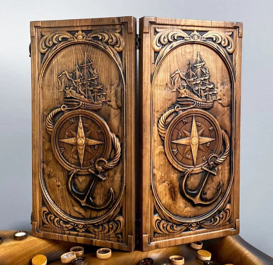 Premium WOODEN BACKGAMMON Set Marine Compass 48cm (19\