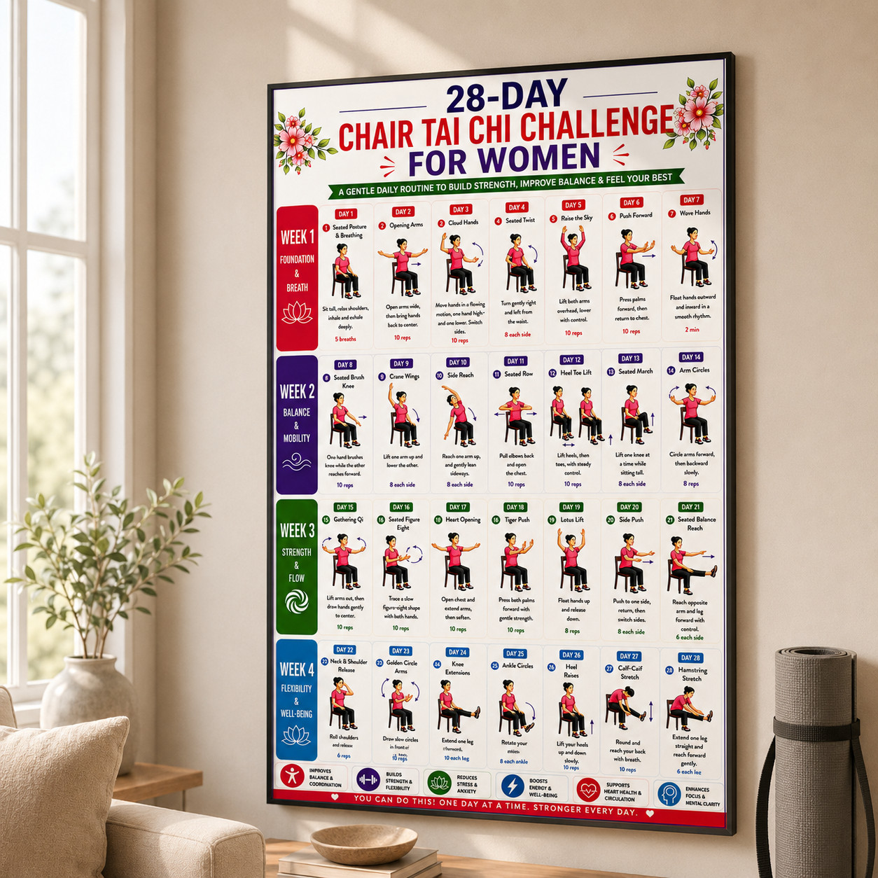 28 Day Chair Tai Chi Challenge for Women Poster & Canvas, Seated Exercise Guide