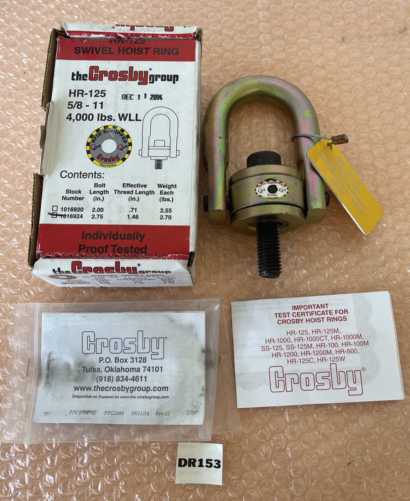 NEW- Crosby Group 1016924 HR-125 Swivel Hoist Ring 4,000lbs 2”x1.46” + Warranty