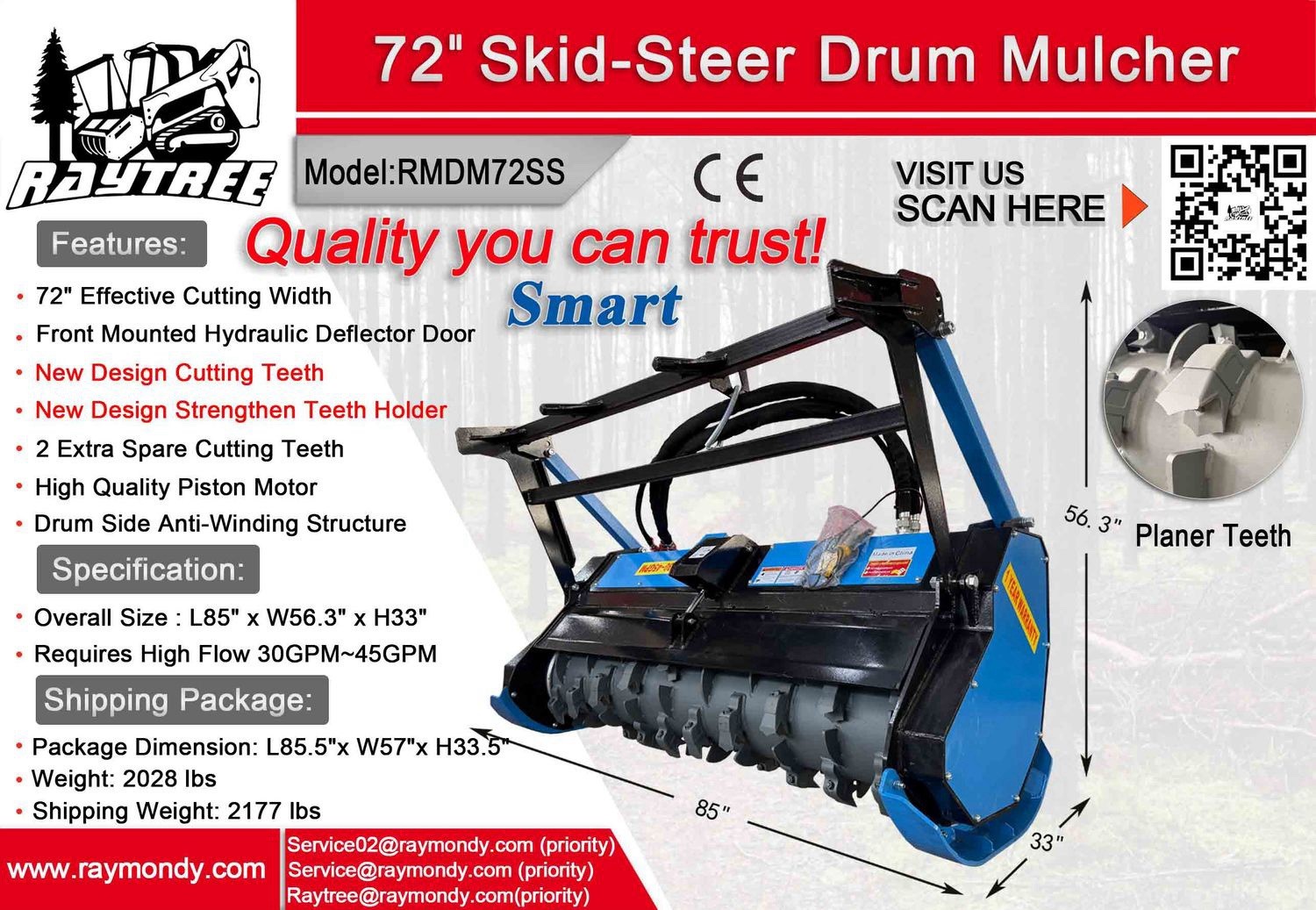 Raytree RMDM72 Forestry Mulcher Skidsteer Drum  Hi Flow NEW -shipping Available