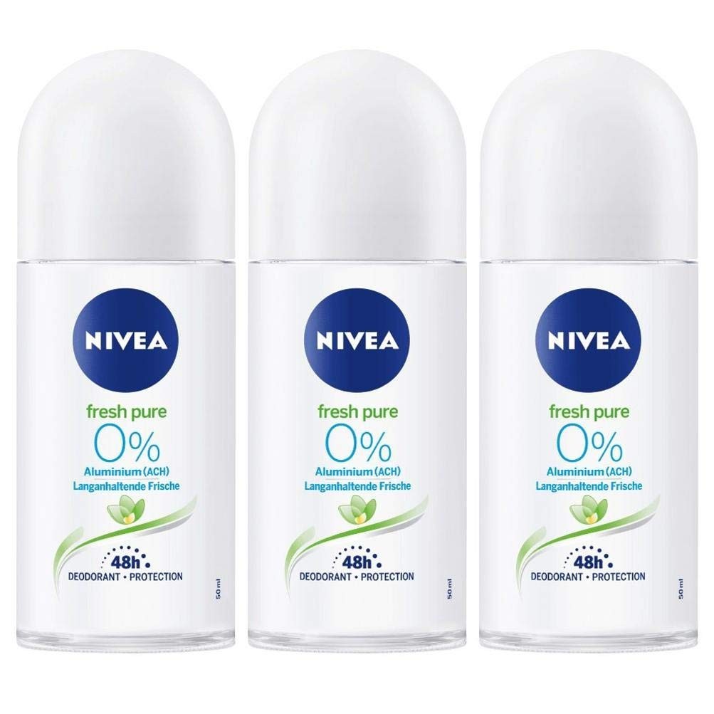 Nivea Fresh Pure Roll-On Deodorant 0% Aluminum Salts 50 ml (Pack of 3)