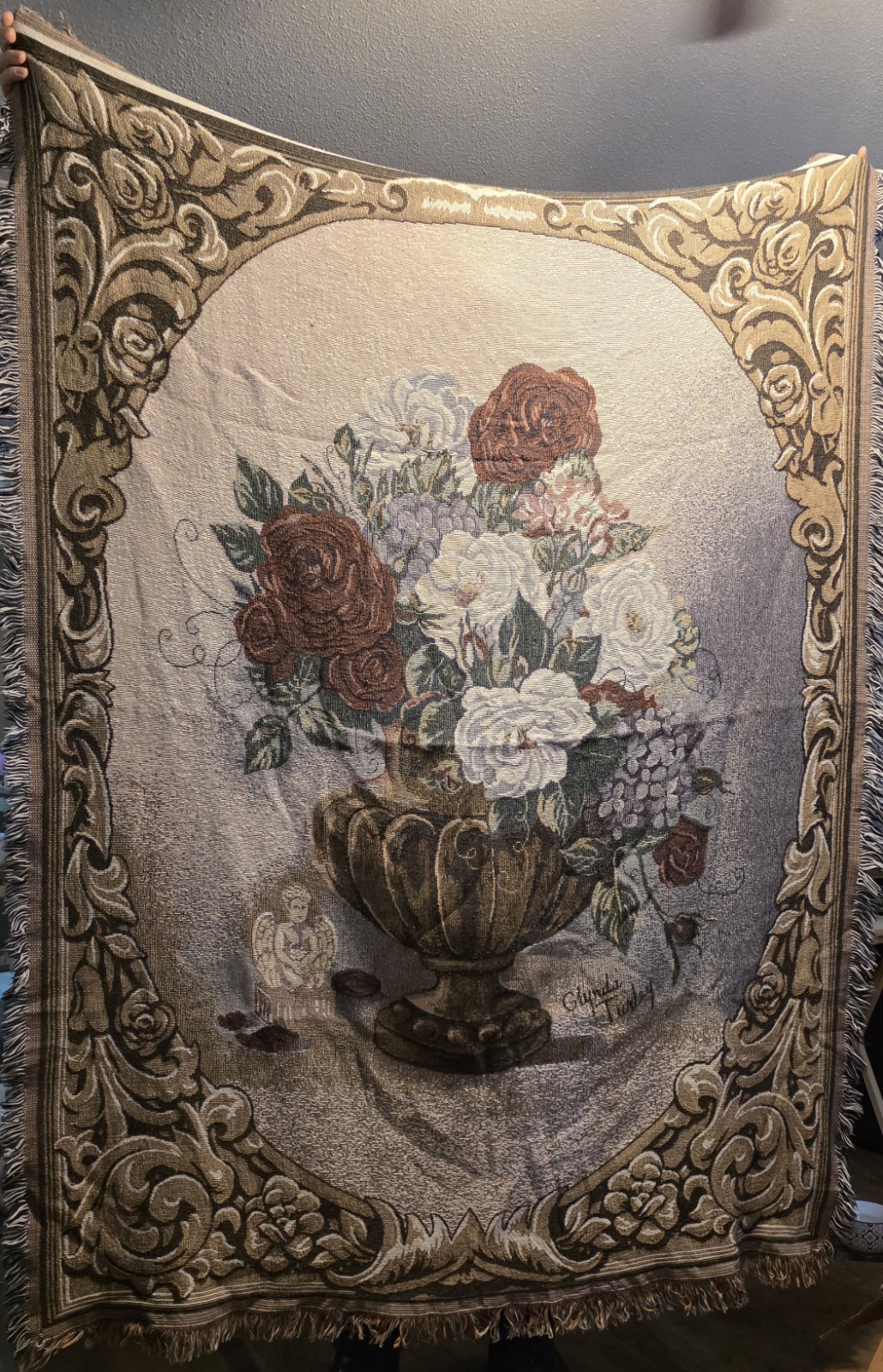 VTG Barbara Mock Floral Bouquet Tapestry Throw Ornate Urn Baroque Border VTG Barbara Mock Floral Bouquet Tapestry Throw Ornate Urn Baroque Border