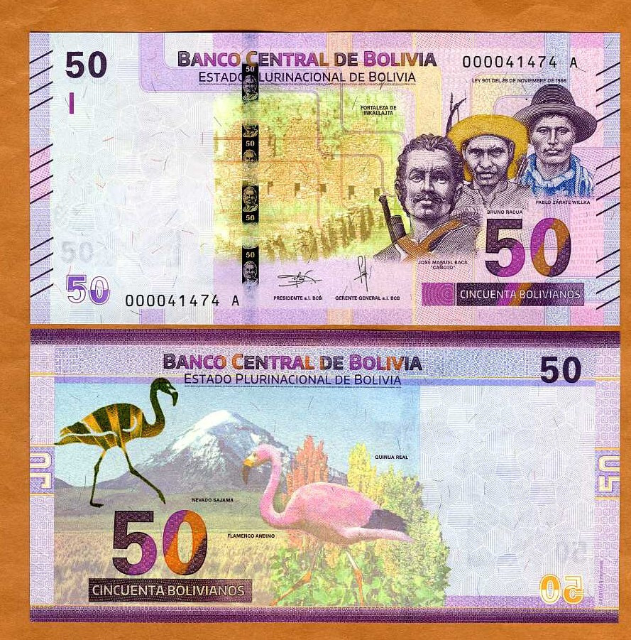 Bolivia, 50 Bolivianos, 2018 P-250, UNC   Pink Flamingo