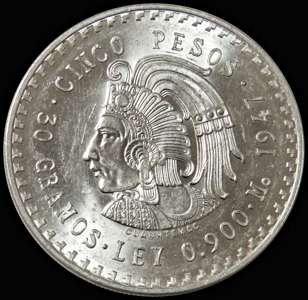 1947 SILVER MEXICO 5 PESO CHIEF CUAUHTEMOC COIN