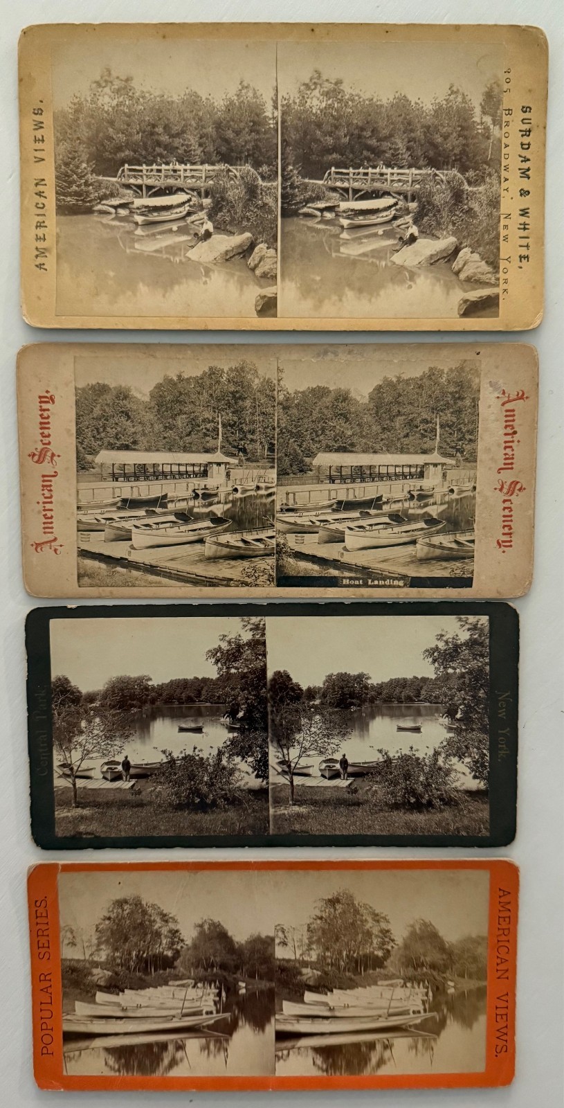 4 Central Park NY Stereoviews Boats Boat Landings Anthony Surdam & White 1800s