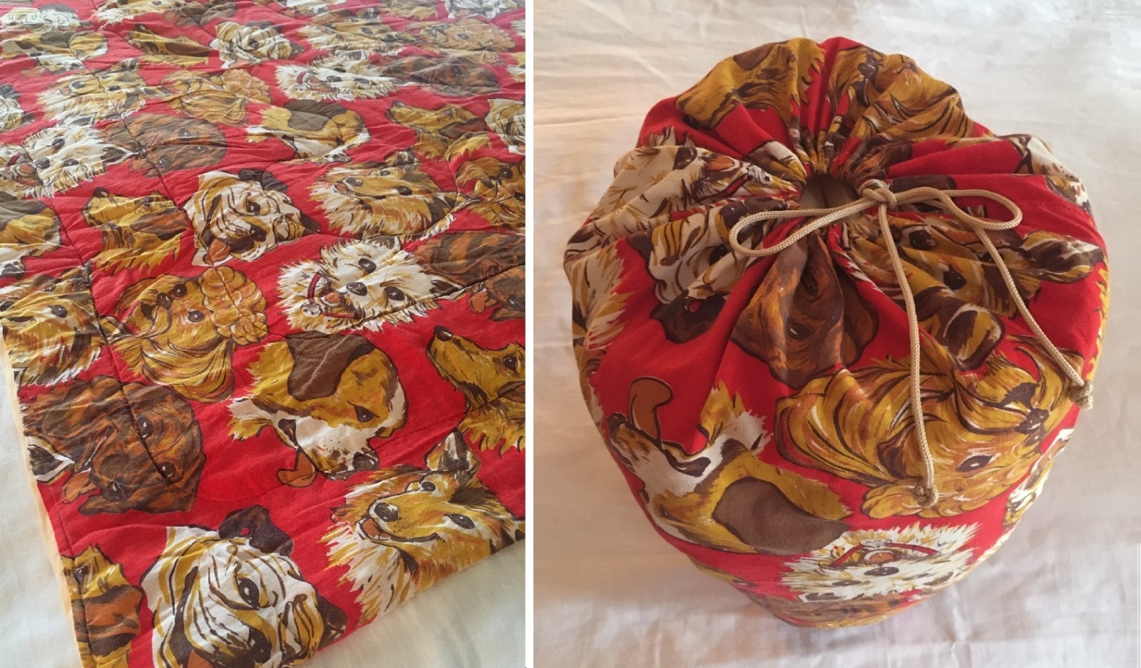 Vintage 1950's Red Sleeping Bag with Cover, Extra Long, Dog Breeds - Excellent