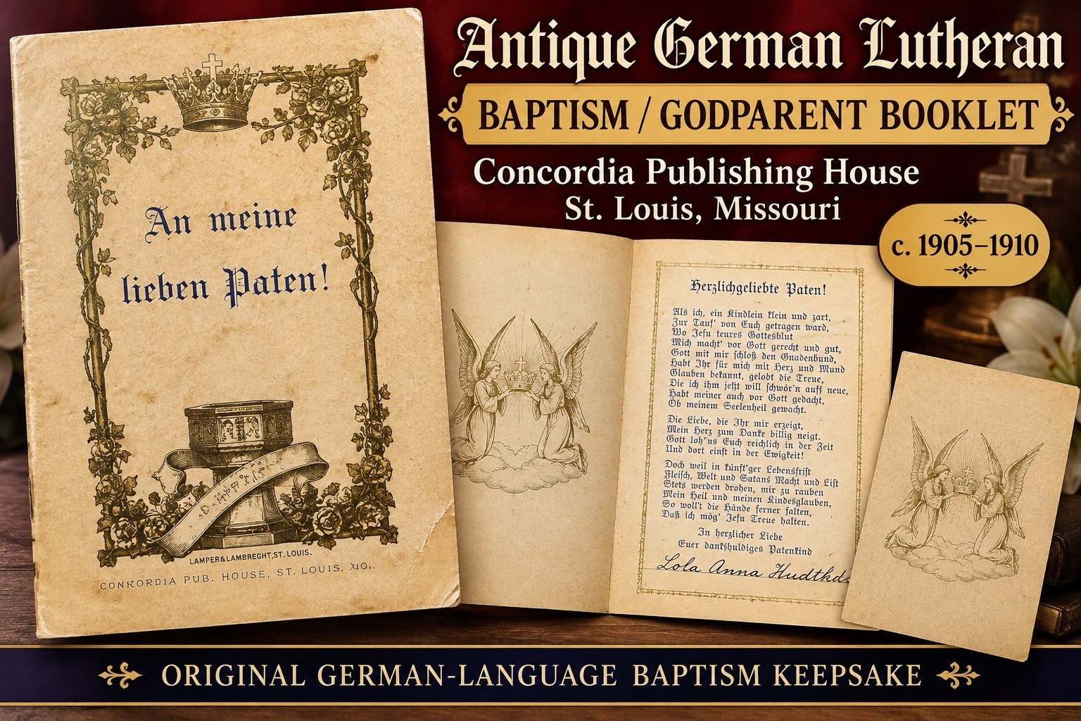 Antique 1905 German Lutheran Baptism Booklet Godparents Paten Concordia St Louis