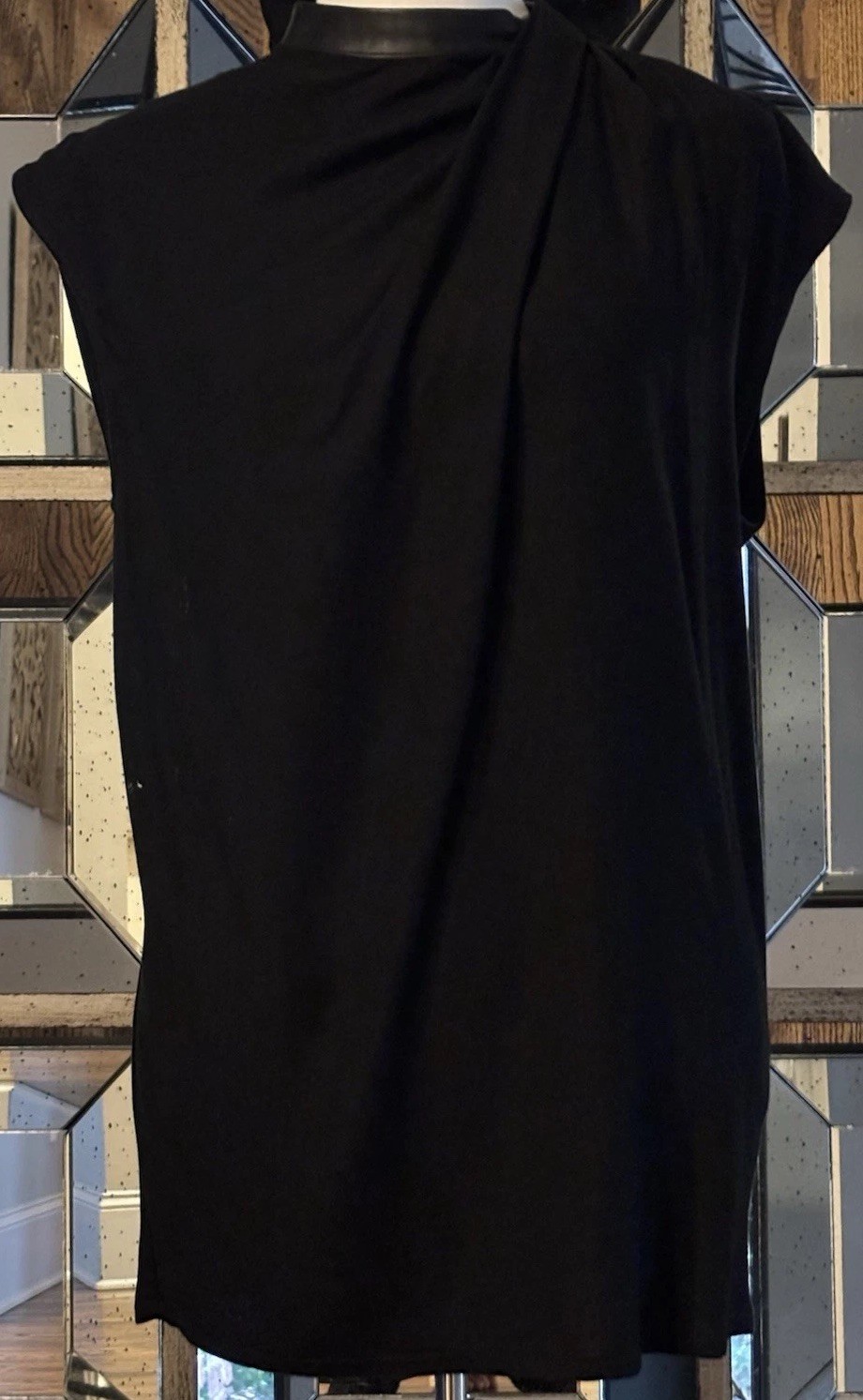Helmut Lang Black Morse Drape Top Lamb Leather Trim SZ P New W/Tags MSRP $290. Helmut Lang Black Morse Drape Top Lamb Leather Trim SZ P New W/Tags MSRP $290.