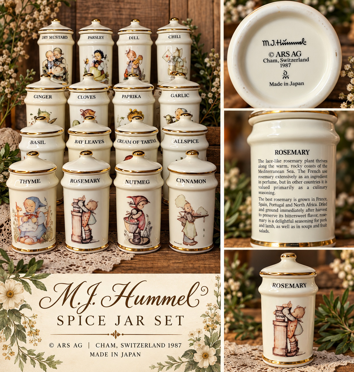 Vtg 1987 Hummel Gold Trimmed Spice Jar Set of 24