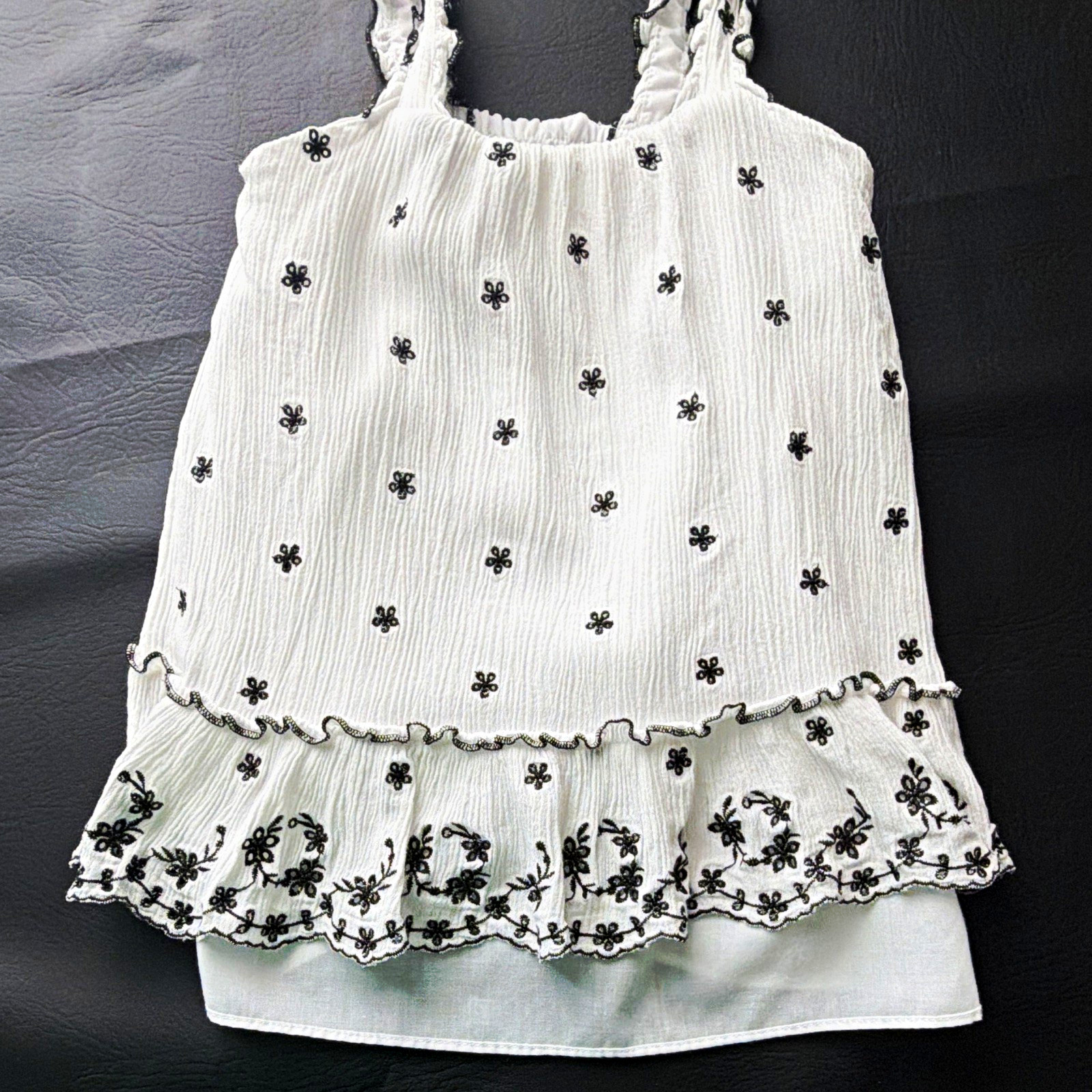 Rare Editions Girls 2T White/Black Floral Tank Embroidered Ruffle