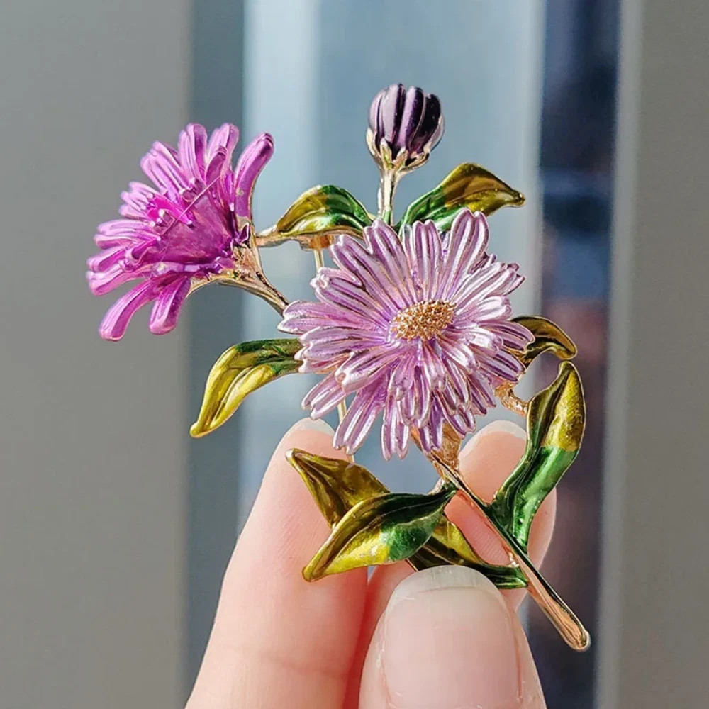 Vintage Enamel Purple Flower Bouquet Brooch Gold Leaf Pin Summer Gift Jewelry