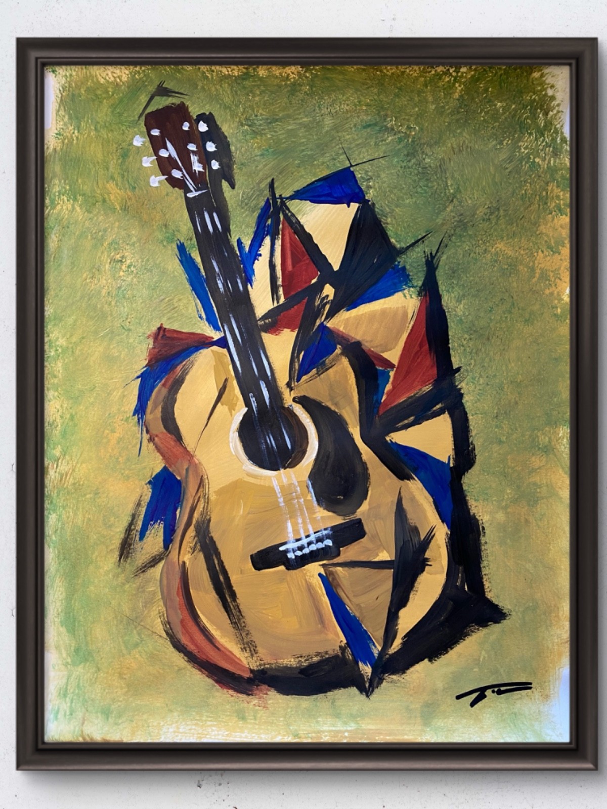 Abstract Cubist Deconstructed Guitar Acrylic Original Art 14x11 Paper