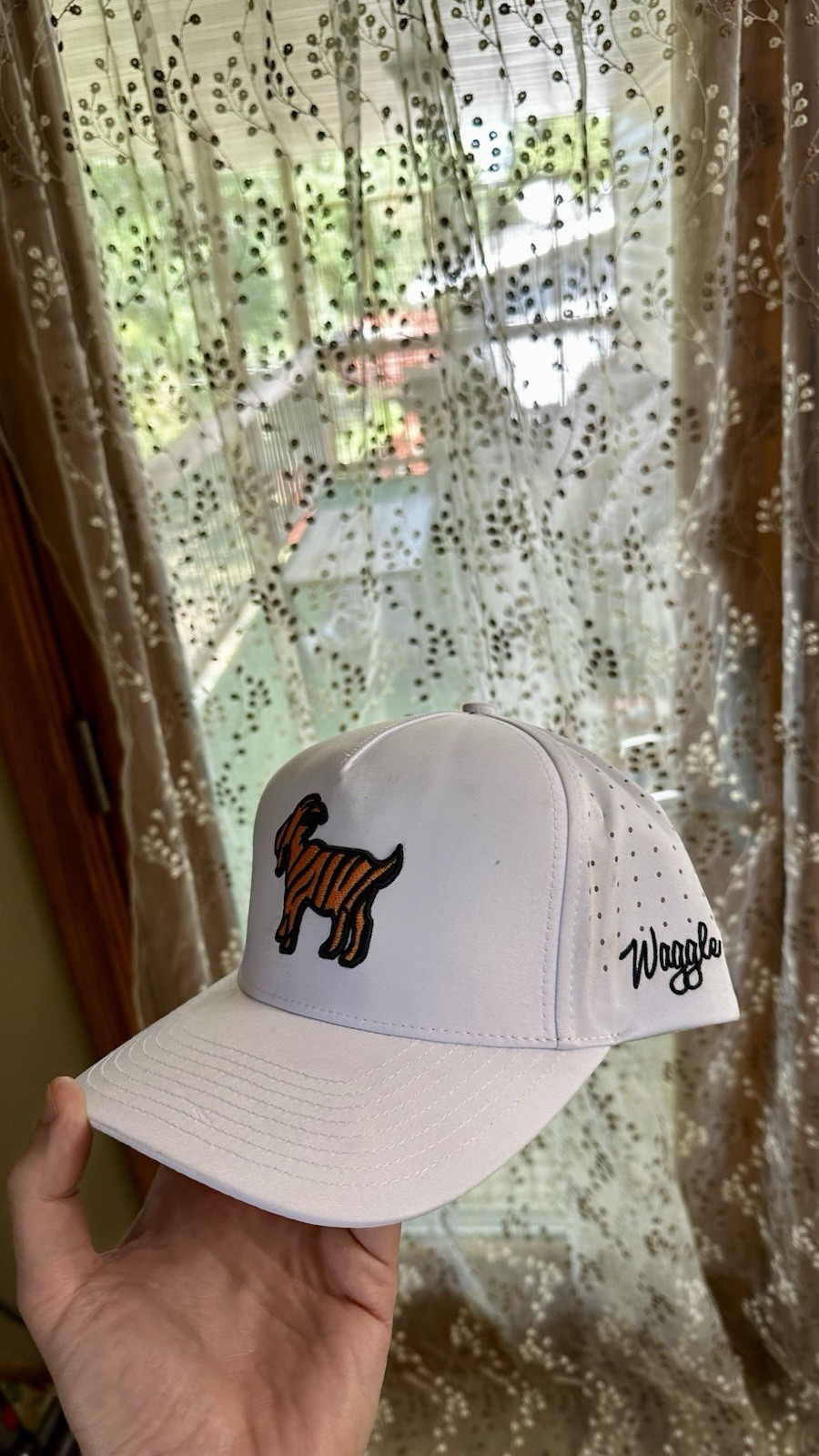 Waggle Golf Men’s The GOAT White Adjustable Mesh Golf Hat, Embroidered Logo