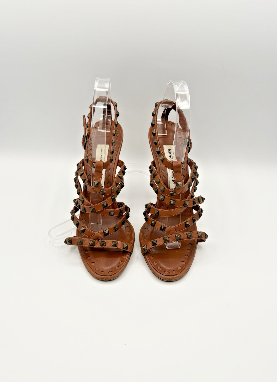 Manolo Blahnik Brown Leather Strappy Stiletto Heels w/ Stud Accents Size EU 38