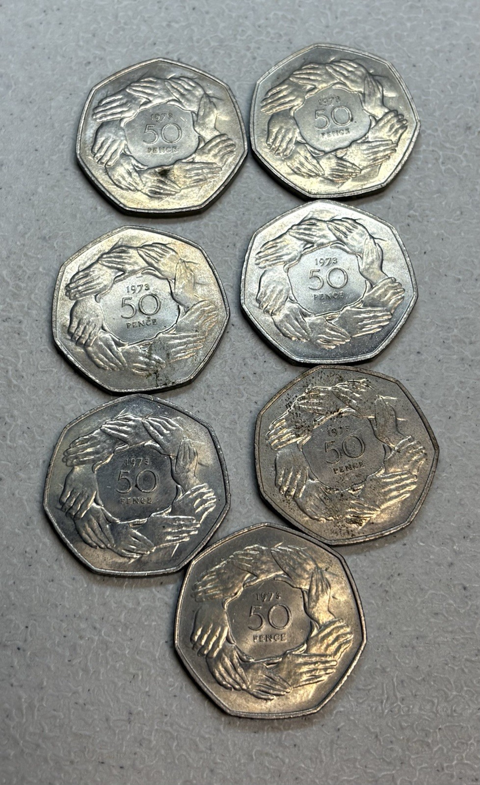 Lot of 7 1973 United Kingdom Queen Elizabeth II 50 Pence Coin