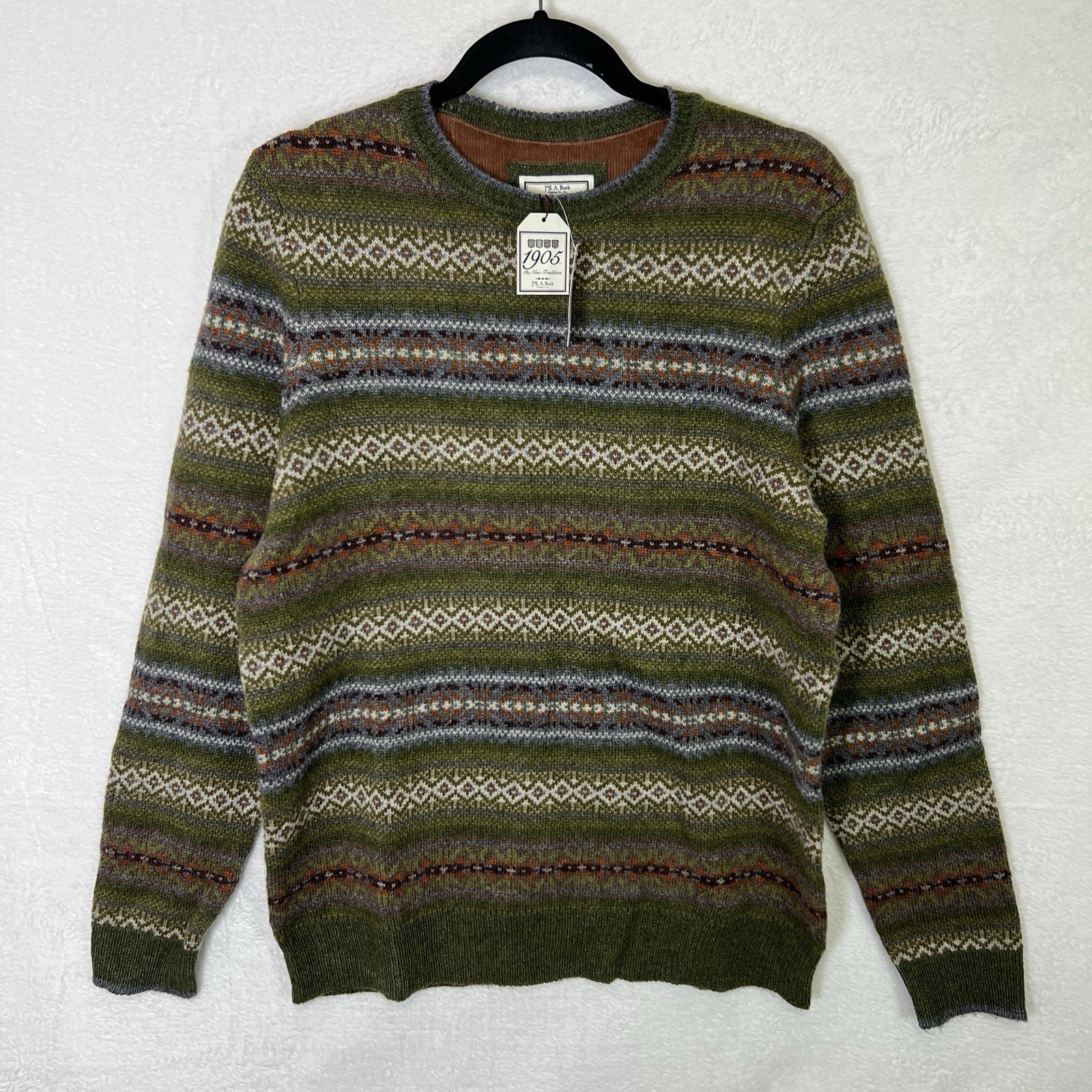 Jos. A. Bank Fair Isle Sweater Men’s M Olive Green Wool Blend NWI