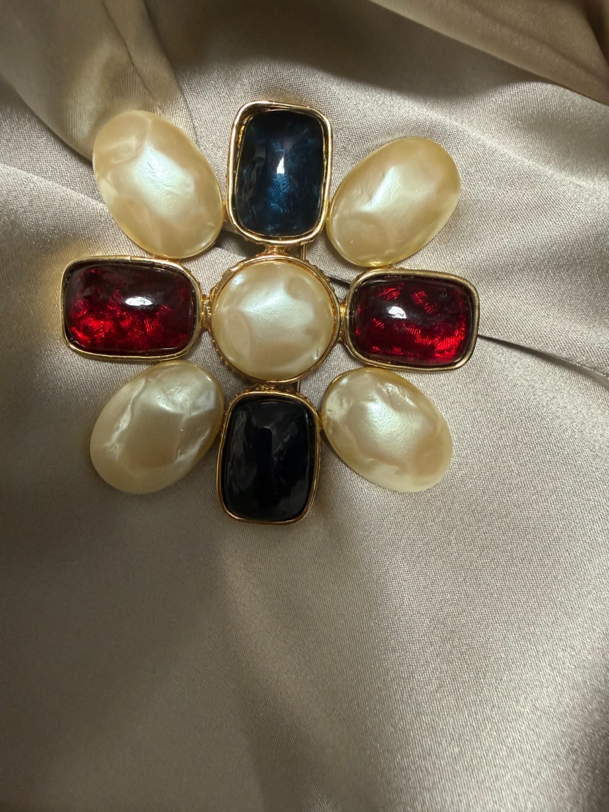 Vintage Les Bernard VO For Vogue Flower Brooch Gripoix Style Cabochon Pin 80s