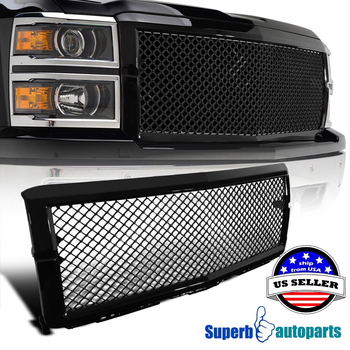 Fit 2014-2015 14-15 Chevy Silverado 1500 ABS Mesh Front Hood Grille Glossy Black Fit 2014-2015 14-15 Chevy Silverado 1500 ABS Mesh Front Hood Grille Glossy Black