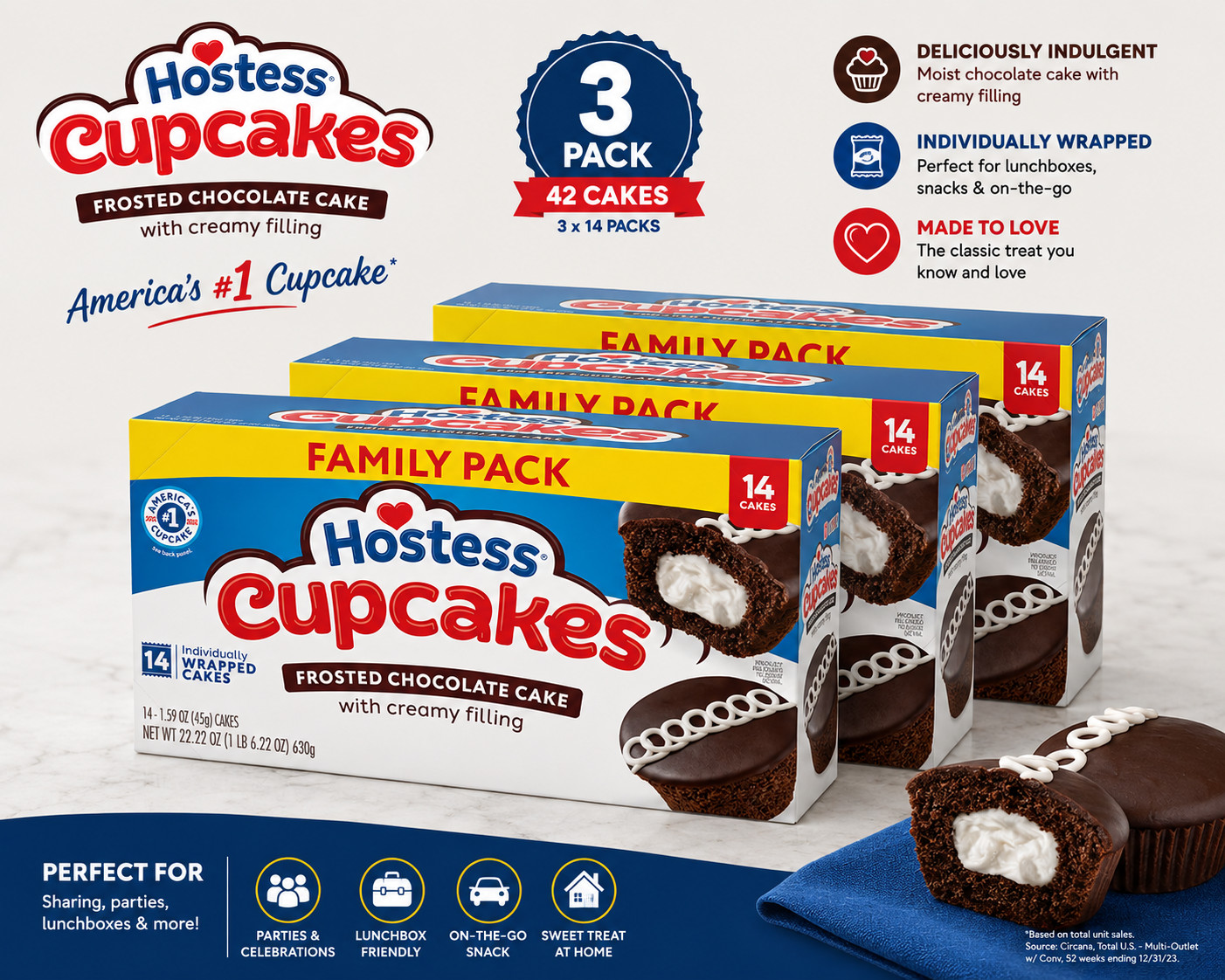 Hostess Cupcakes, Chocolate Snack Cakes, 22.22 oz Box (14 Ct.) pack of 3 Hostess Cupcakes, Chocolate Snack Cakes, 22.22 oz Box (14 Ct.) pack of 3