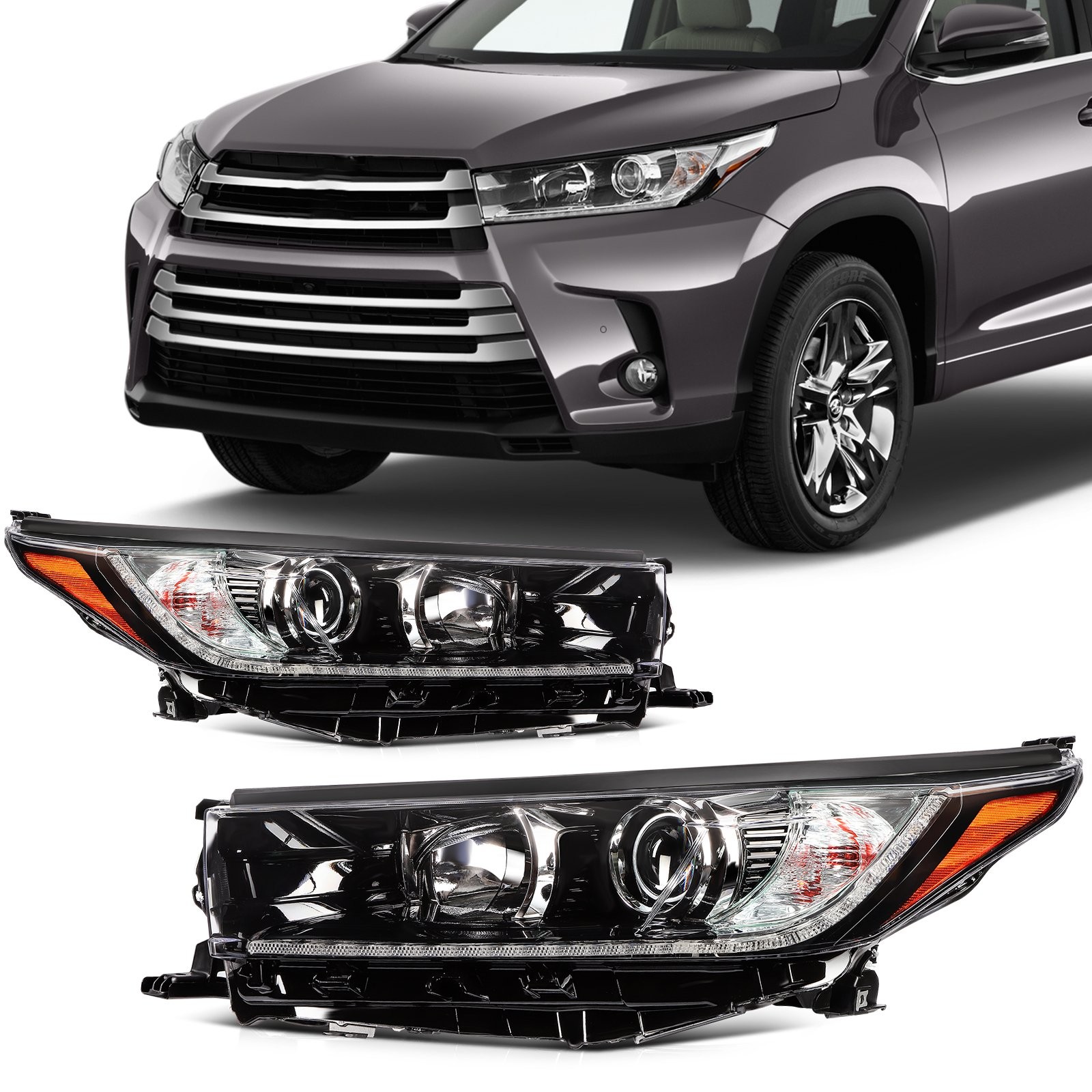 Pair Set Projector Headlights Assembly w/LED DRL For 2017-2019 Toyota Highlander