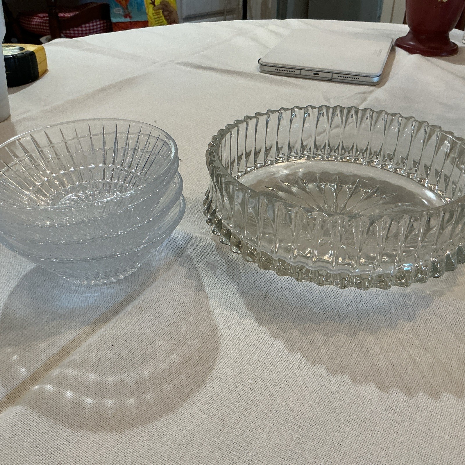 Beautiful Vtg 8” Lead Crystal Serving Bowl Cut Glass Sawtooth With 4 Srv Dishes