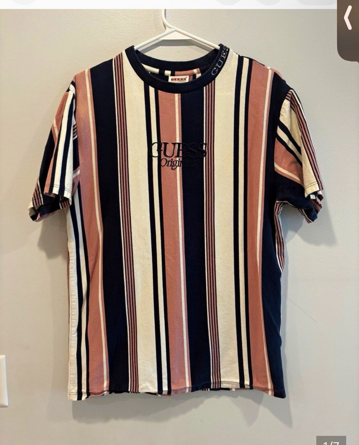 GUESS Originals Striped Navy/Cream/Pink Embroidered Logo Cotton Knit Tee S