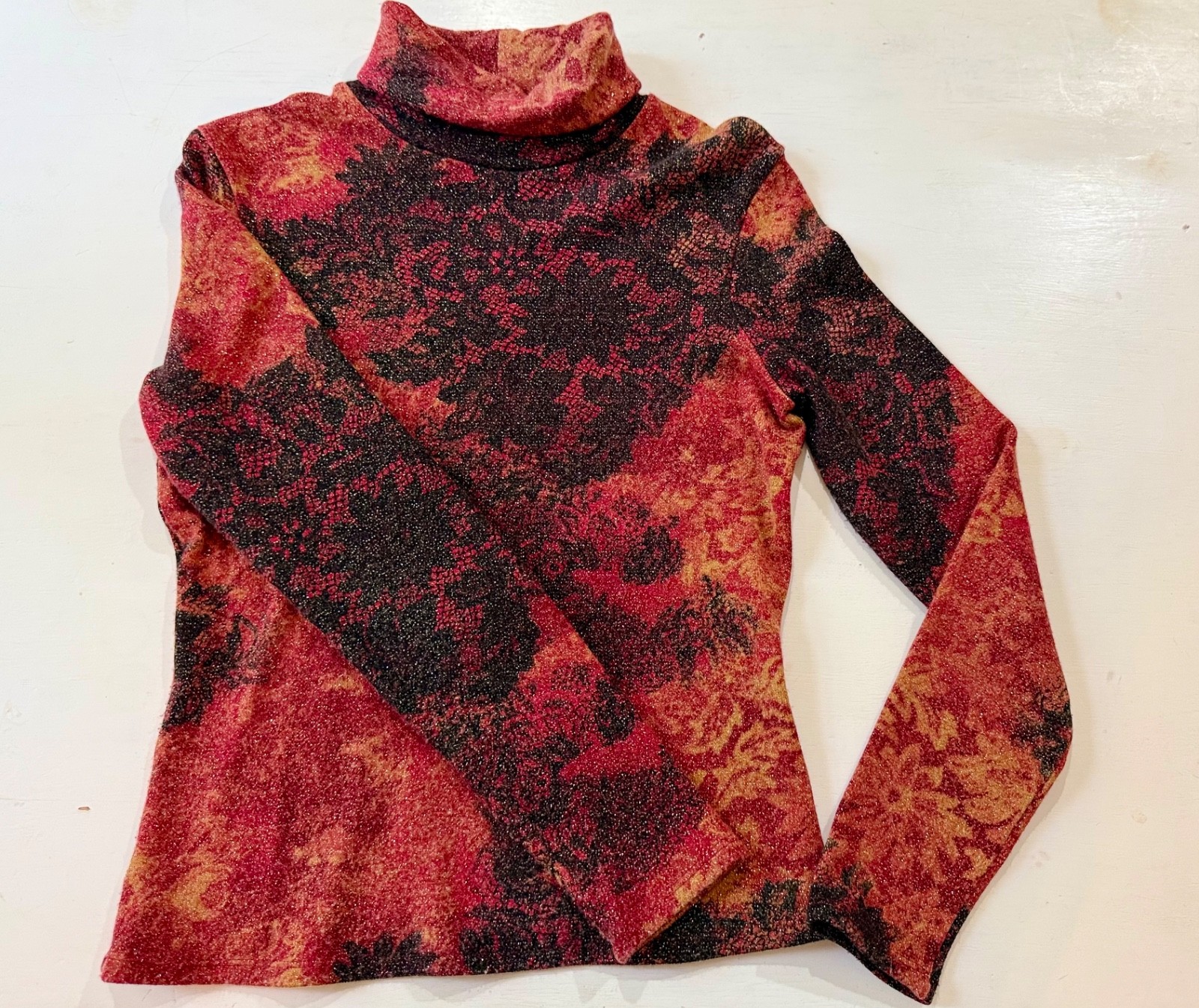 Cache Womens VTG Red Gold Floral Long Sleeve Turtleneck Sweater Sz L