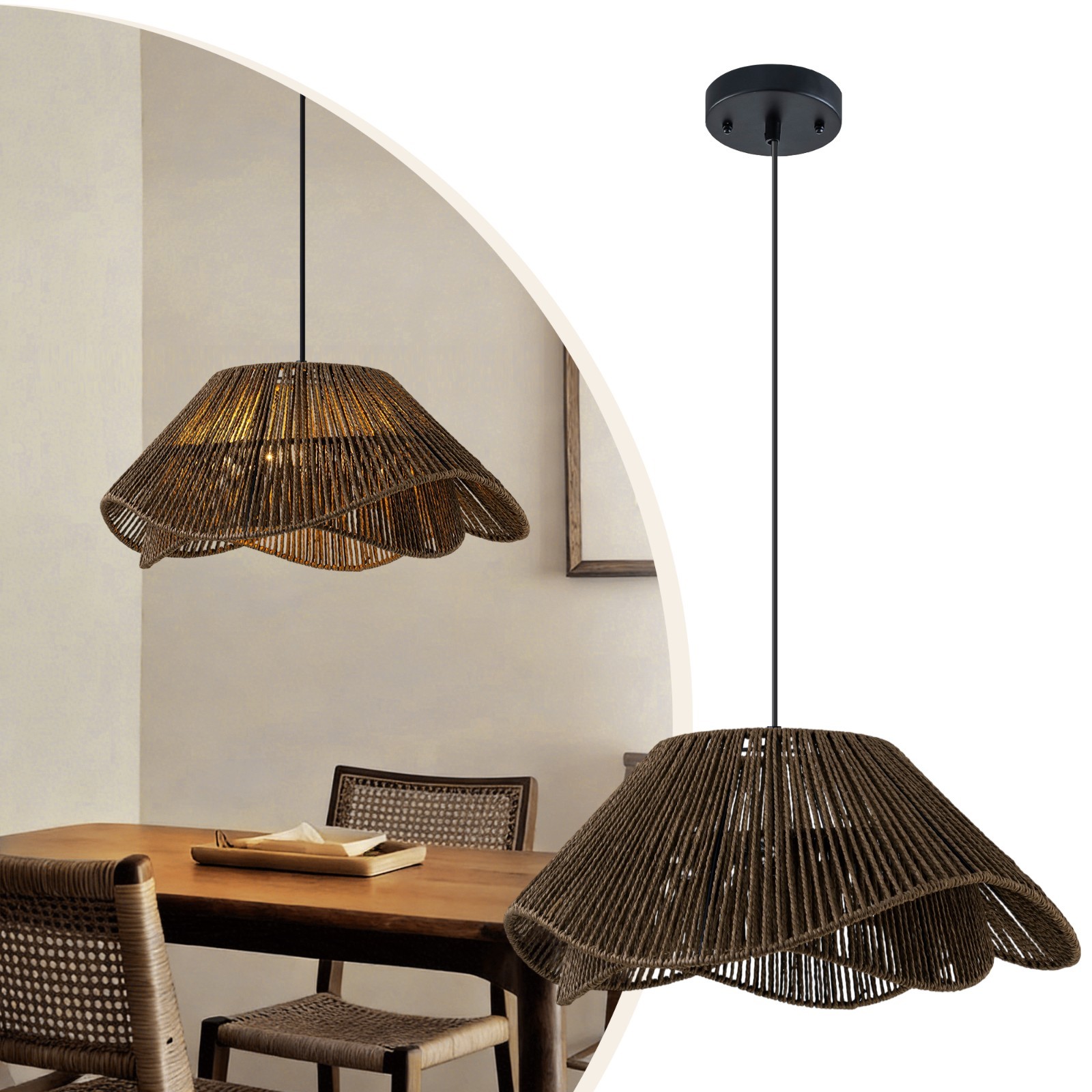FTL 3-Light Dark Brown Rattan Pendant Light Boho Wicker Chandelier