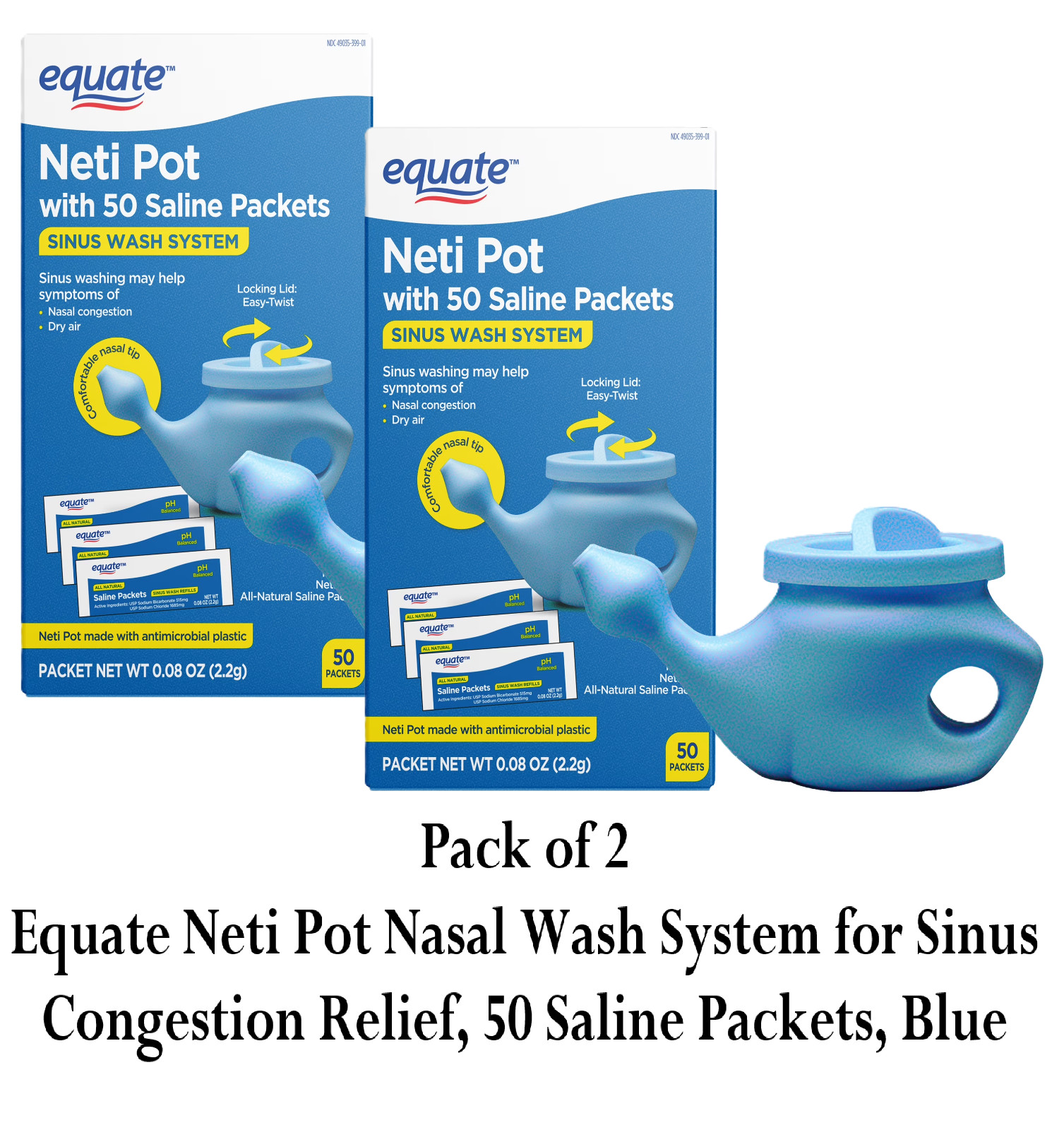 Equate Neti Pot Nasal Wash System for Sinus Congestion Relief, 100 Saline Packet