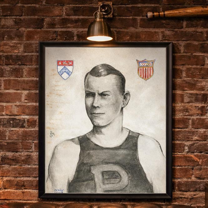 Antique Charcoal Portrait Man Drawing University of Pennsylvania Olympic Athlete
