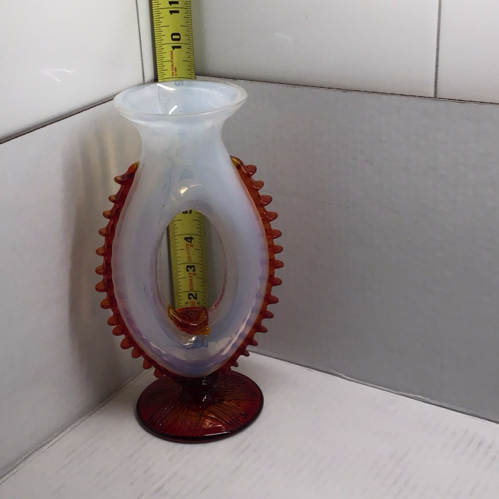 Vintage Handblown Opalescent Donut Vase White w/ Red Applied Accents 9in. Tall 