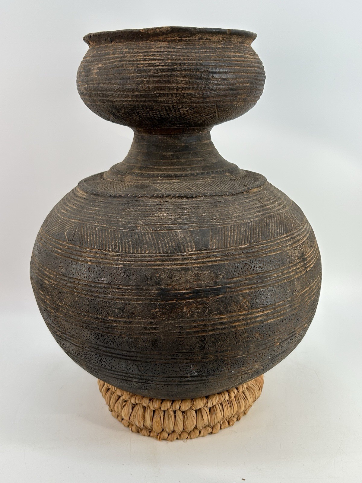 Antique African Nupe Double Gourd Clay Water Vessel W/ Straw Stand Folk Art Antique African Nupe Double Gourd Clay Water Vessel W/ Straw Stand Folk Art