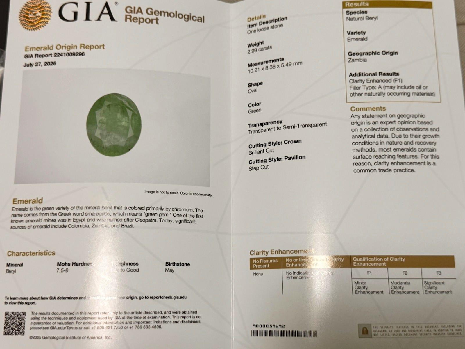 GIA Certified Natural Emerald 2.99ct Oval 10.21x8.38x5.49mm Zambian F1 Clarity GIA Certified Natural Emerald 2.99ct Oval 10.21x8.38x5.49mm Zambian F1 Clarity