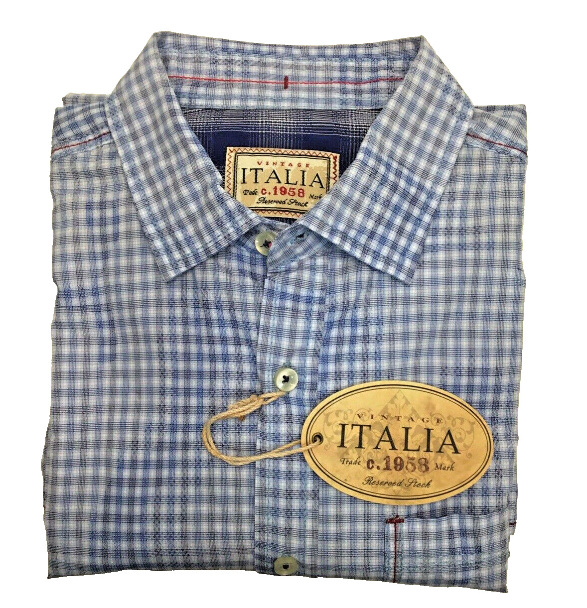$110 Vintage Italia Mens Button Front Blue Shirt Plaid long Sleeve,Blue ,Size L