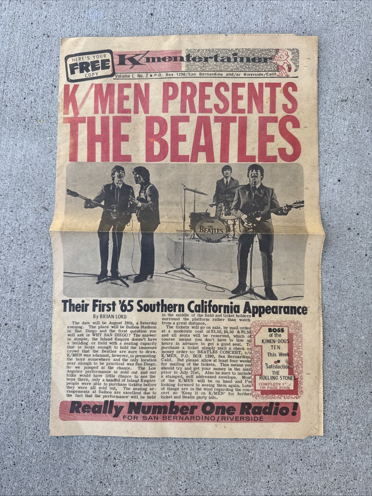 Vtg 1965 K/Mentertainment K/MEN Radio Station Newspaper The Beatles San Diego