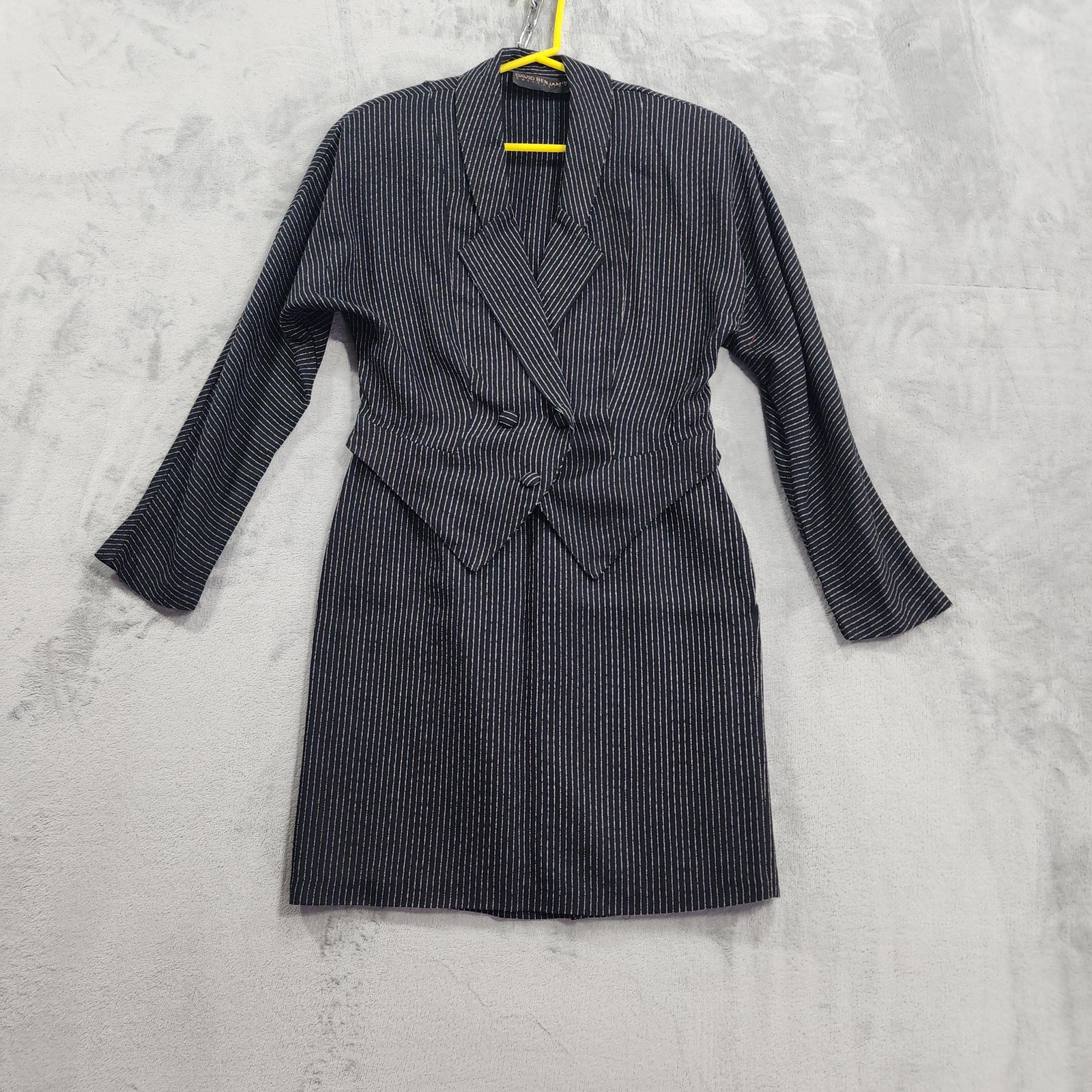 Vintage David Benjamin Skirt Suit Womens S Black Pinstripe Rayon Pencil Office