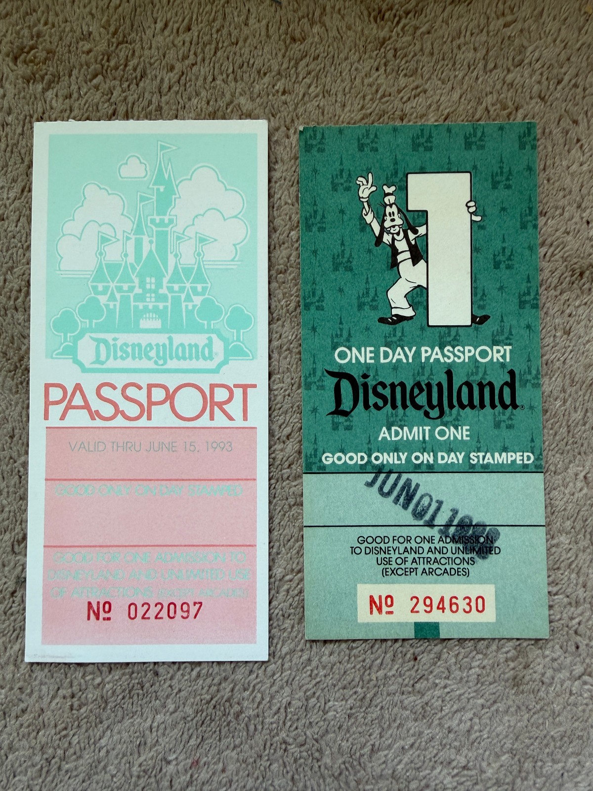 Vintage 1986 & 1993 Disneyland One Day Passports Goofy Ticket Pair Vintage 1986 & 1993 Disneyland One Day Passports Goofy Ticket Pair