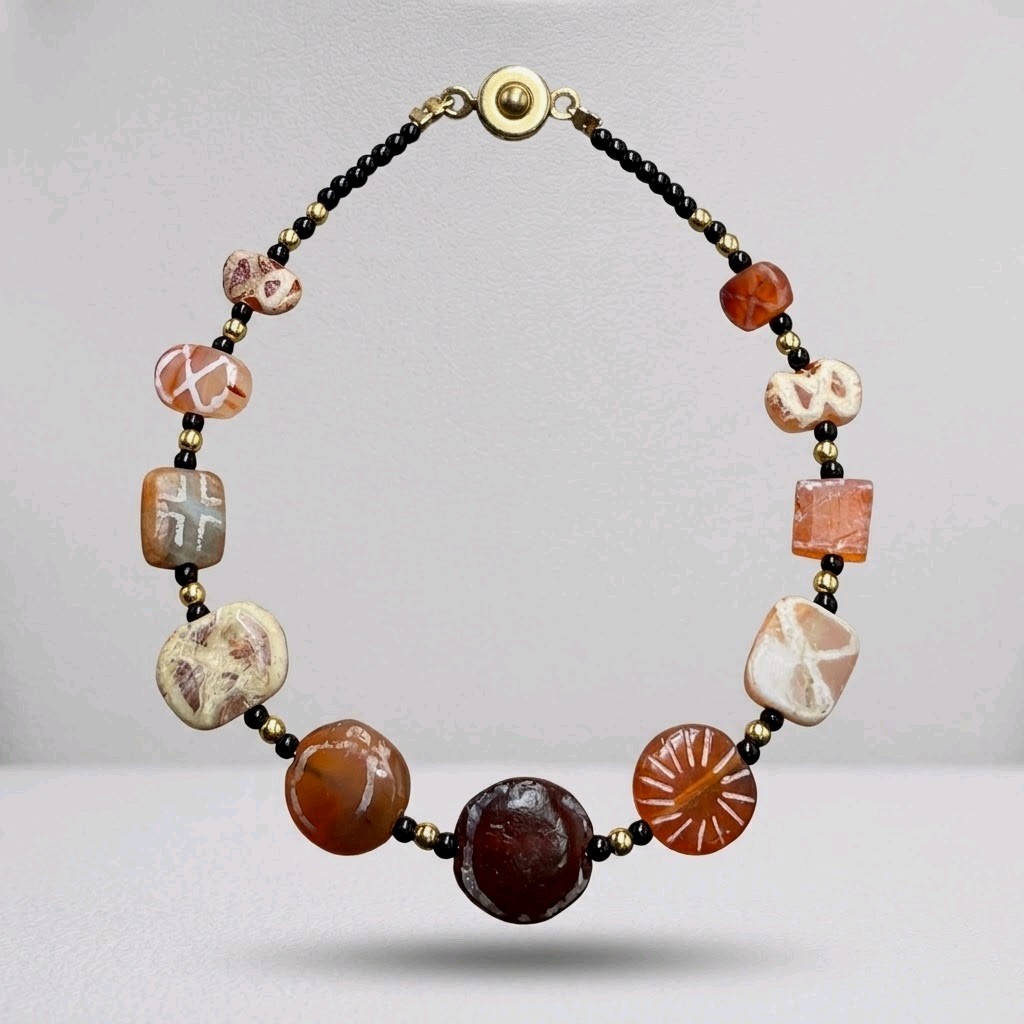 Antique Etched Carnelian Agate Beaded bracelet 
